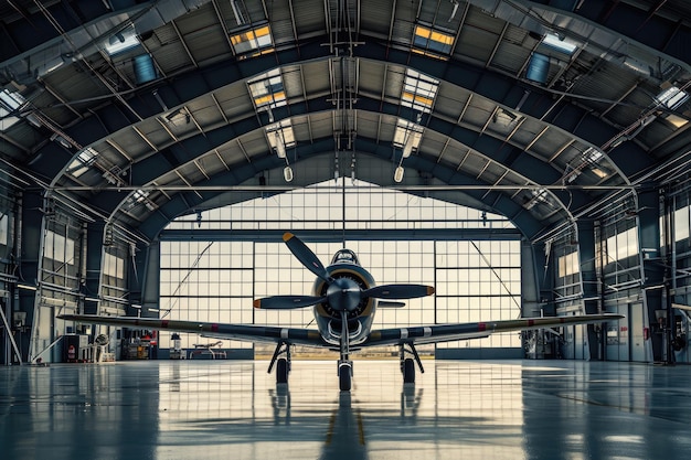 An airplane is parked inside a spacious hangar surrounded by a sturdy metal structure Inside view of a fighter aircraft hangar AI Generated