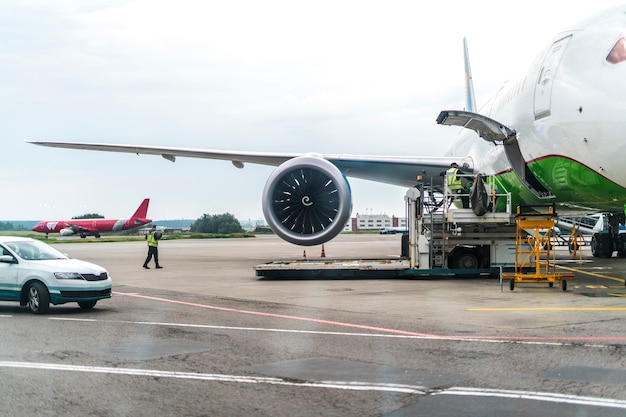 A airplane jet engine turbine close up, new technology engineering