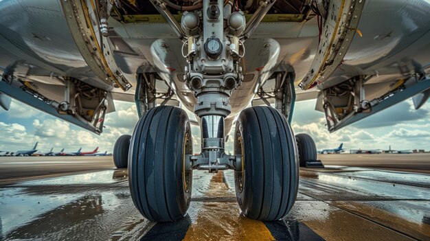 Airplane Landing Gear CloseUp with Wet Runway