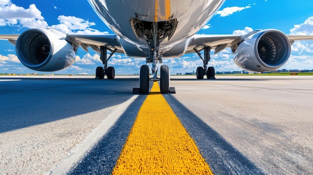 Photo airplane landing gear on runway yellow line close up