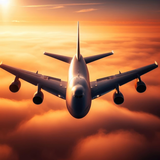 airplane landing at sunset