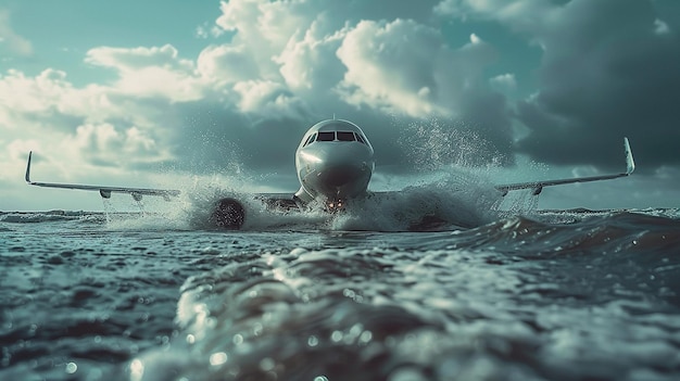 an airplane makes an emergency landing in the middle of the sea