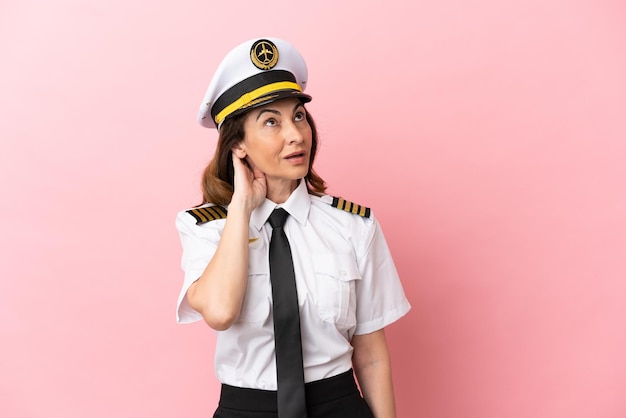 Airplane middle aged pilot woman isolated on pink background thinking an idea