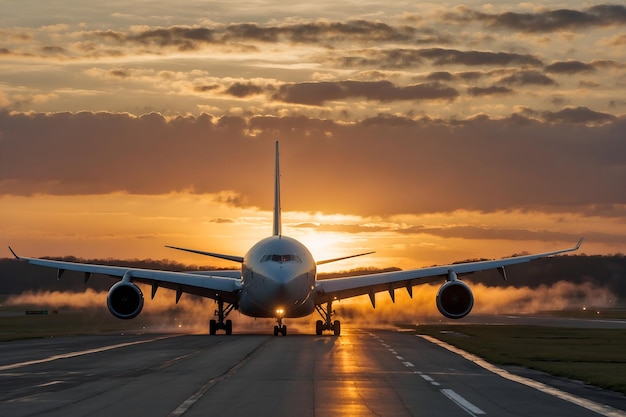 An airplane moments from touching down on the runway at sunrise