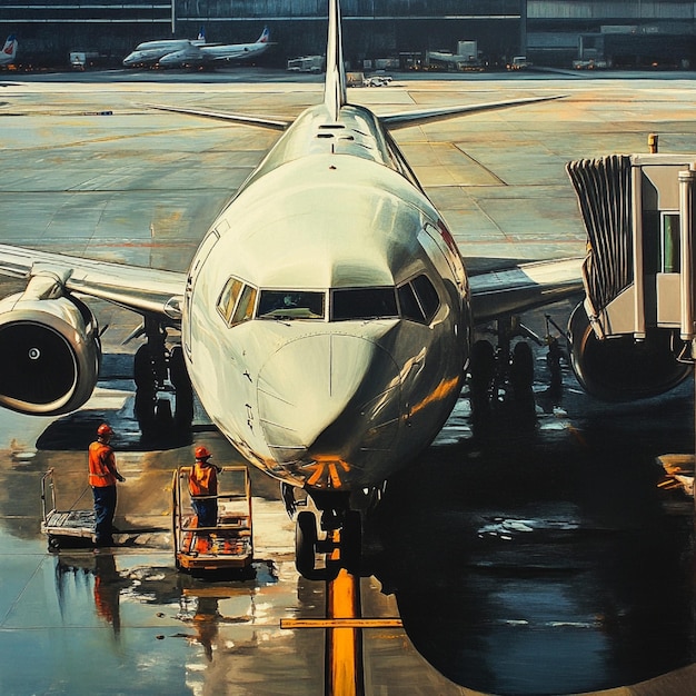 Airplane parked at a gate with ground crew preparing for departure1