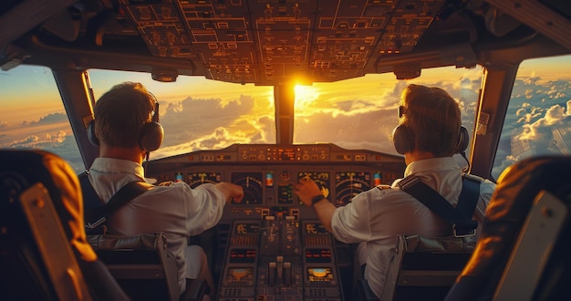 Photo airplane pilots flying over clouds at sunset