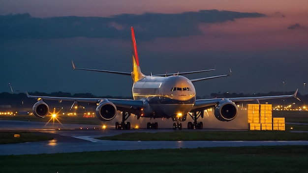 Airplane on the runway of the airport at night with a dramatic sky