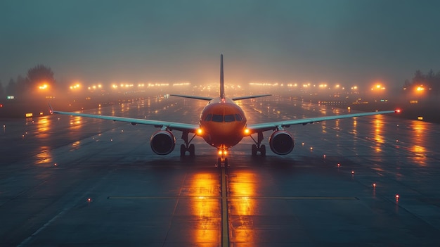 Airplane on Runway in Foggy Twilight