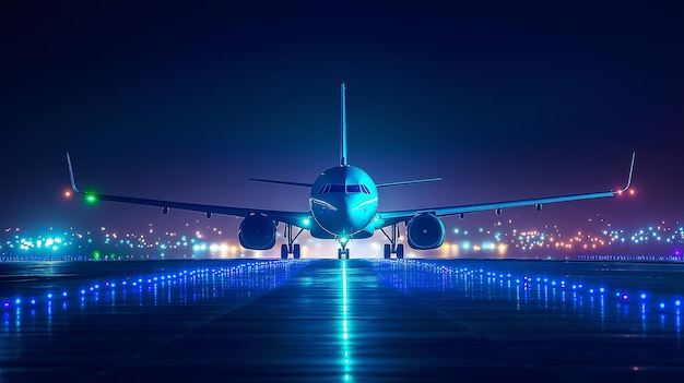 Airplane on a runway at night illuminated by blue and green lights Perfect for concepts of travel