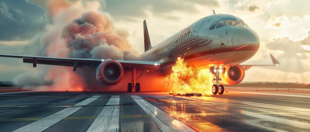 An airplane on a runway with one of its wheels on fire emitting thick smoke while emergency services rush to contain the situation