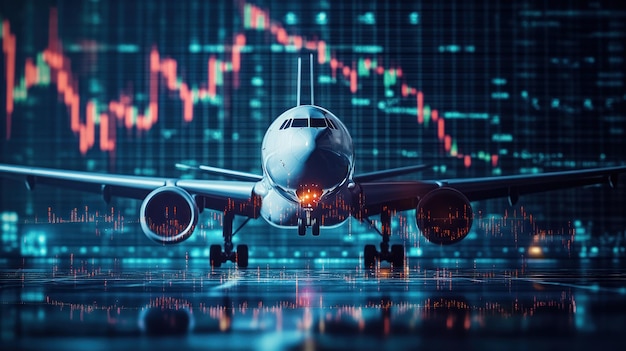 Photo airplane on runway with stock market chart background