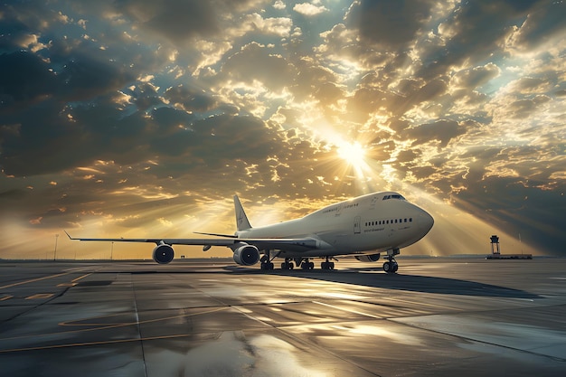 Airplane on the runway with sunset sky background 3d rendering