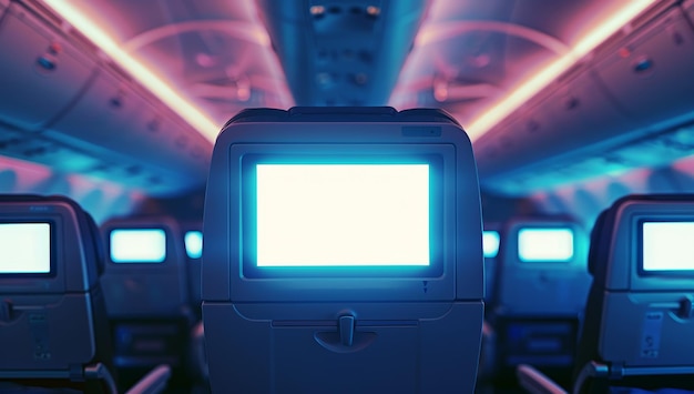 Airplane Seat Back with Blank Screen in Neon Light