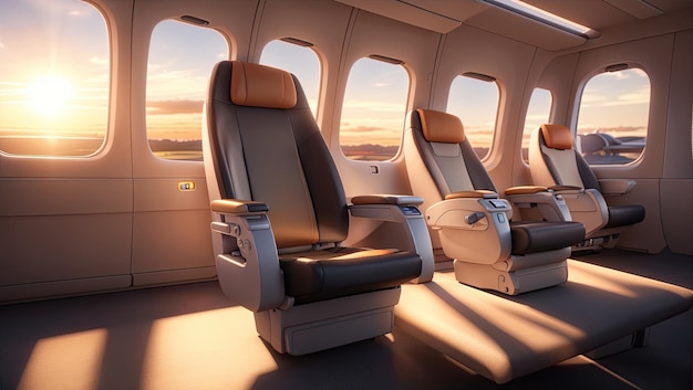 an airplane seat with a view of the sunset