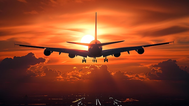 Airplane silhouette against dramatic sunset sky with vibrant orange hues and clouds depicting travel and adventure