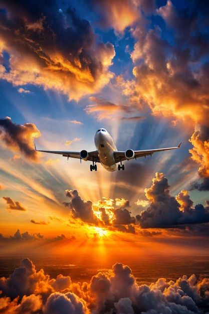 Airplane in the sky and cloud at sunset