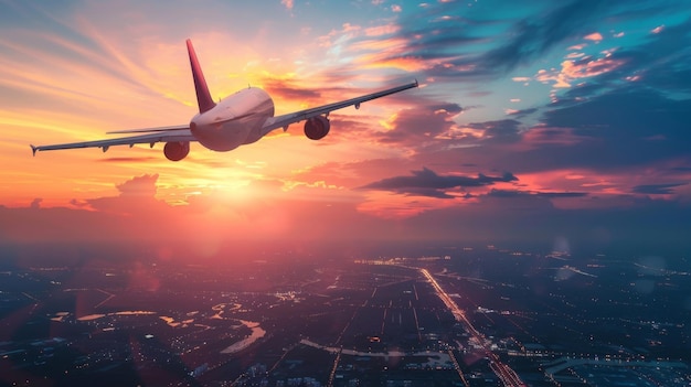 Airplane Soaring Over City at Sunset