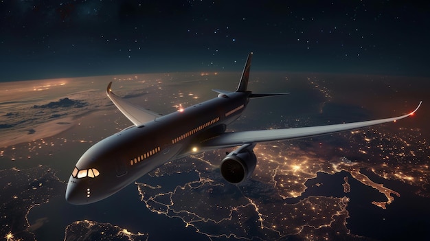 An airplane soars above the Earth at night with city lights sprawling below