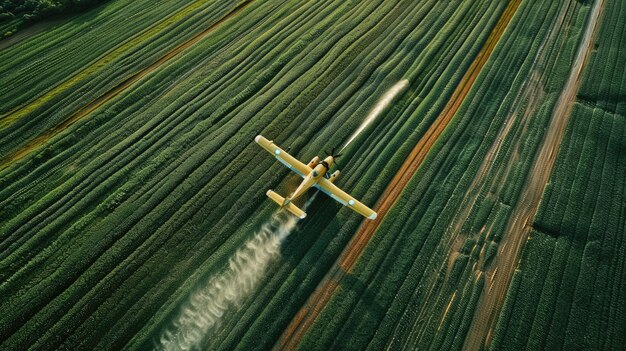 Photo airplane spraying over vast agricultural fields offering a symmetrical and expansive view of largescale plantation operations