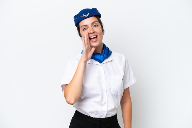 Airplane stewardess caucasian woman isolated on white background shouting with mouth wide open