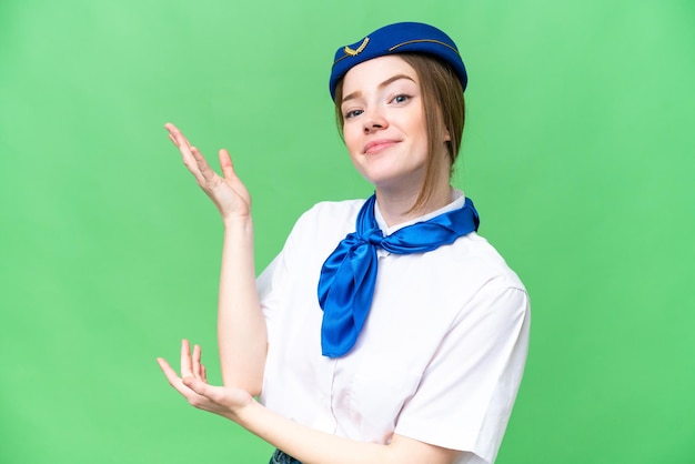 Airplane stewardess over isolated chroma key background extending hands to the side for inviting to come