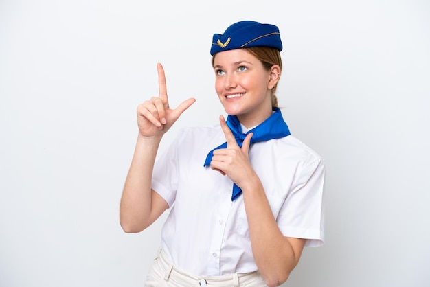 Airplane stewardess woman isolated on white background pointing with the index finger a great idea