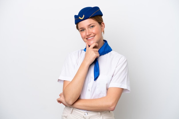 Airplane stewardess woman isolated on white background smiling