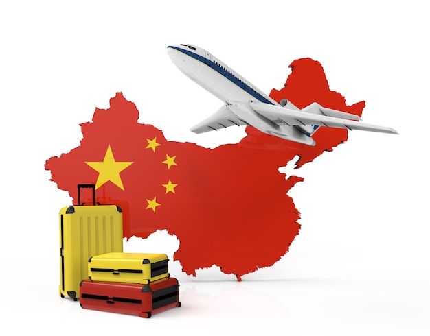 Airplane and suitcases on china map