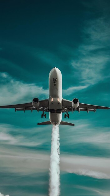 Photo airplane take off on the blue sky and clouds background