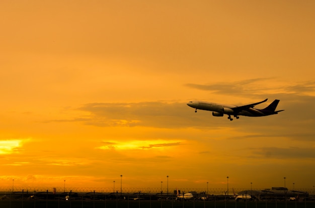 Airplane take off in the evening