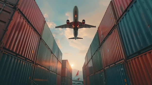 Airplane Taking Off Over Cargo Containers