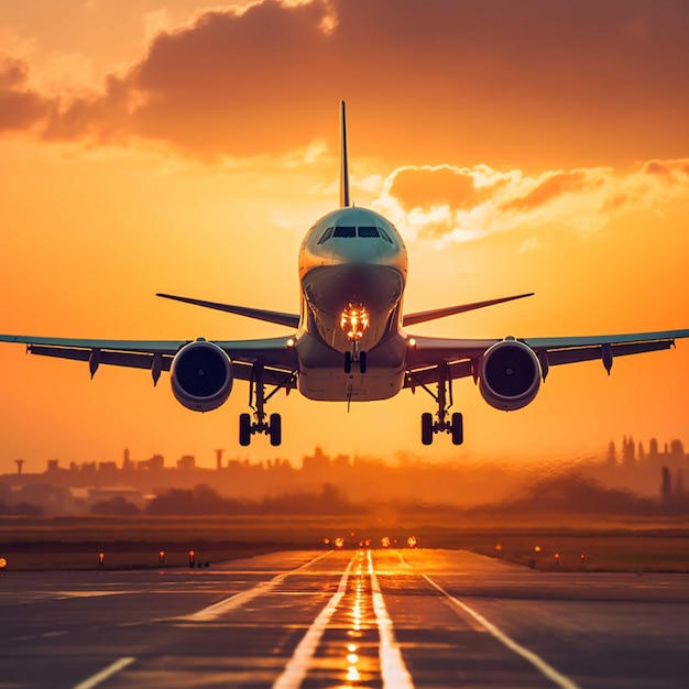 Airplane taking off from the airport runway at sunset Travel concept