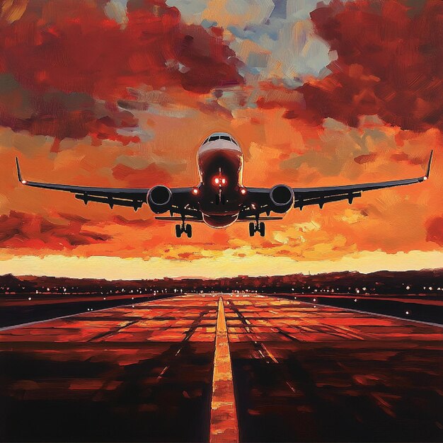 Airplane taking off from a runway at sunset3