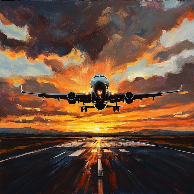 Airplane taking off from a runway at sunset4