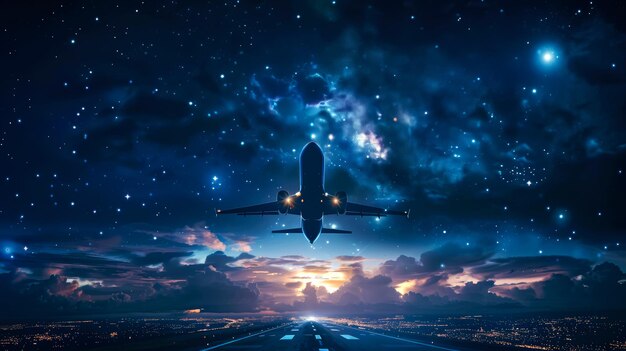 Photo airplane taking off at night with starry sky and city lights