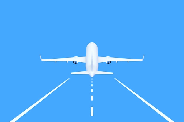 Airplane taking off the runway on a blue background with copy space 3D render illustration