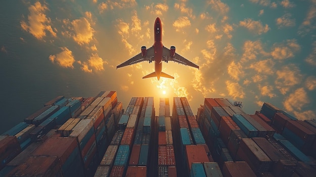 Airplane Taking Off Over Shipping Containers