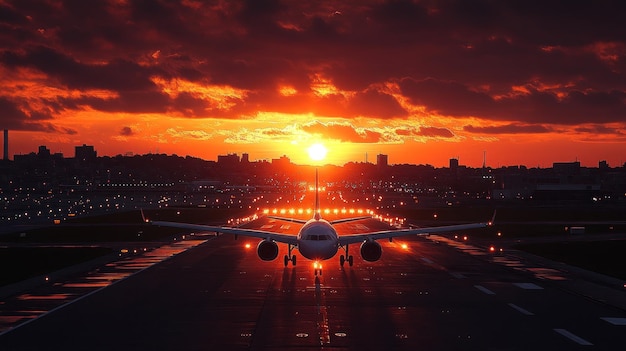 Airplane Taking Off at Sunset