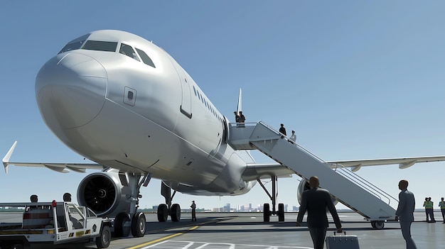 Photo airplane on the tarmac with passengers disembarking