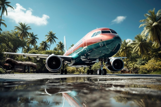 Airplane in a tropical environment with palm trees in the background