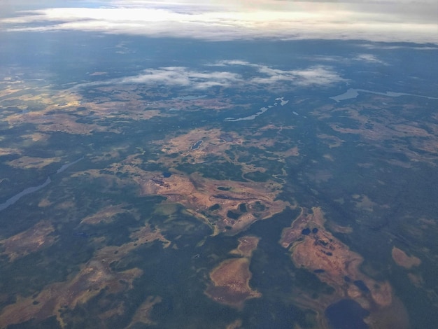 Airplane view of the lakes and swamps of the Arctic tundra. Varandey, Zapolyarny district, Russia.