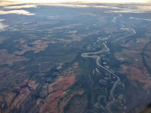 Airplane view of the lakes and swamps of the Arctic tundra. Varandey, Zapolyarny district, Russia.