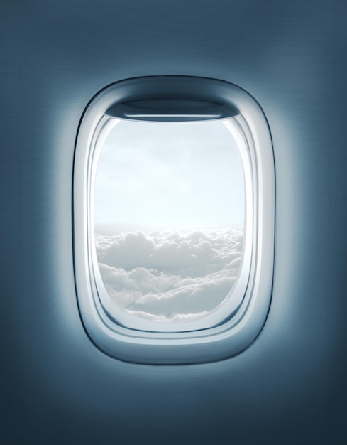 Airplane window with clouds view