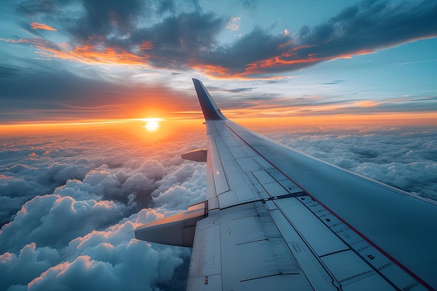 Airplane wing against a stunning sunset sky with clouds travel concept