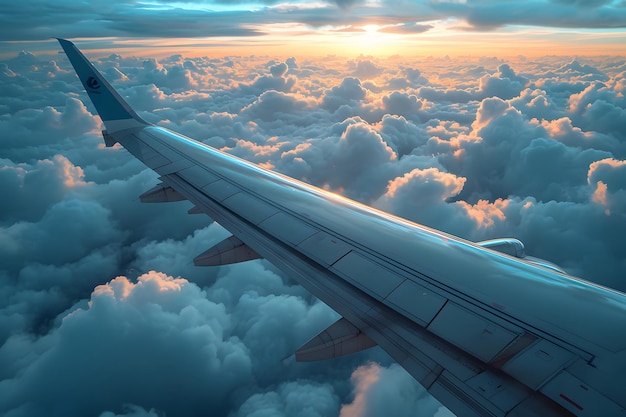 Airplane wing over clouds at sunset with vibrant sky colors