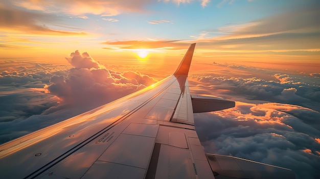 Airplane wing above the clouds at sunset