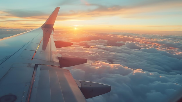 Airplane wing with a view of sunset and clouds