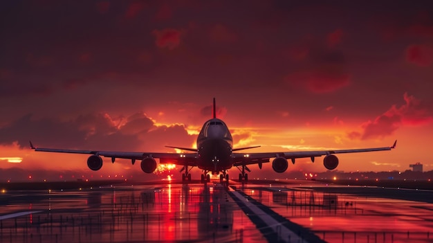 Airplane with four engines flying arrival landing on a runway in the evening during a bright red sunset