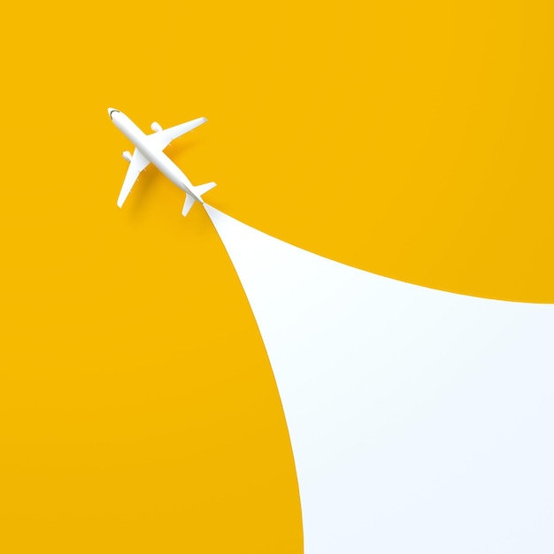 Airplane on a yellow background with copy space Top view 3D render illustration