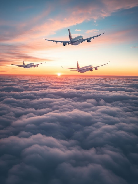 Airplanes soaring high above the clouds at sunrise